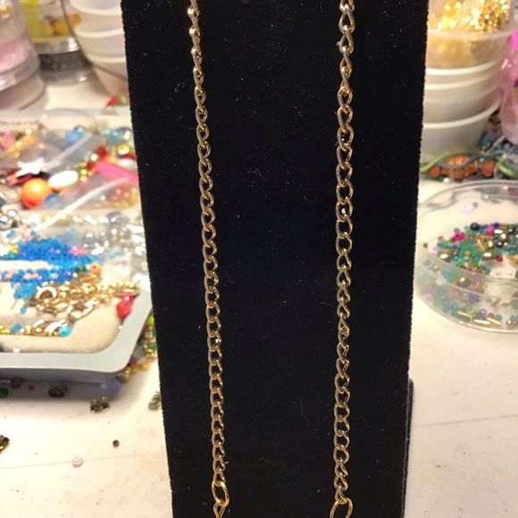 Fish hook earwire earrings 5” long w/gold metal chain & chain wrapped large bead - Picture 3 of 6